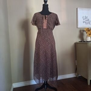 Y2K Brown Beaded Flutter Sleeve Asymmetrical Maxi Dress Medium